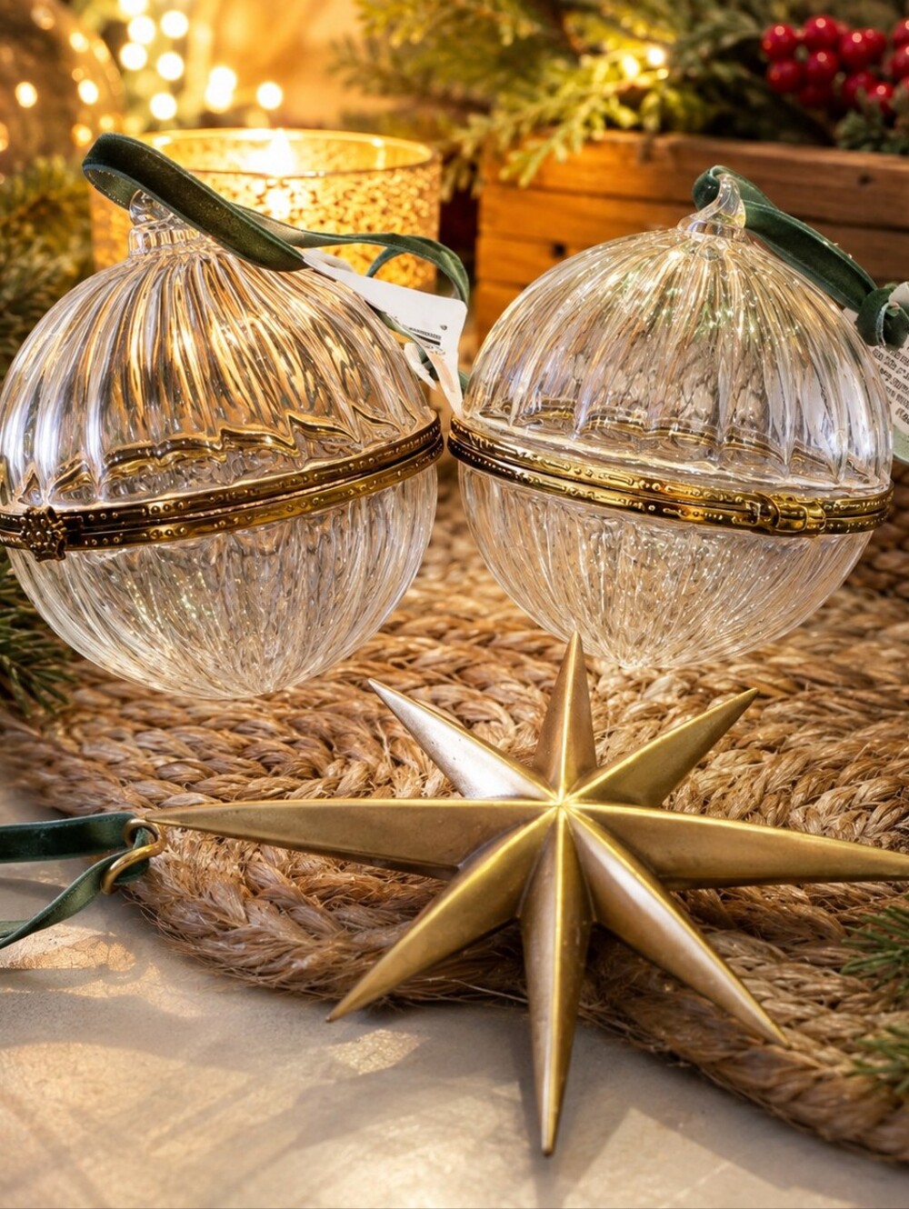 Hearth And Hand Ribbed Glass Ornaments With Hinge and Star Decor